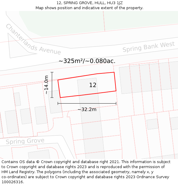 12, SPRING GROVE, HULL, HU3 1JZ: Plot and title map