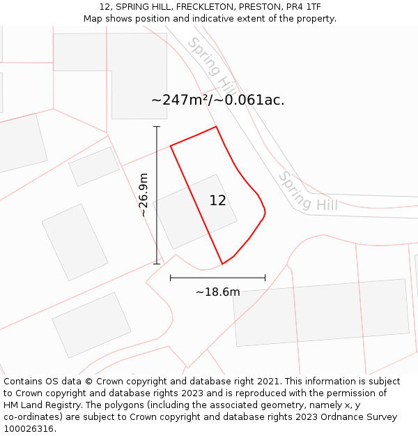 12, SPRING HILL, FRECKLETON, PRESTON, PR4 1TF: Plot and title map
