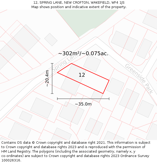 12, SPRING LANE, NEW CROFTON, WAKEFIELD, WF4 1JS: Plot and title map