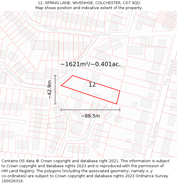 12, SPRING LANE, WIVENHOE, COLCHESTER, CO7 9QD: Plot and title map