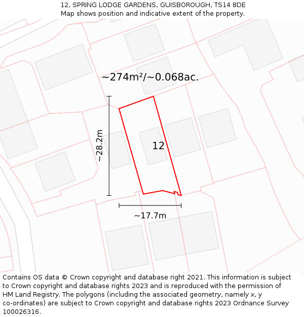 12, SPRING LODGE GARDENS, GUISBOROUGH, TS14 8DE: Plot and title map