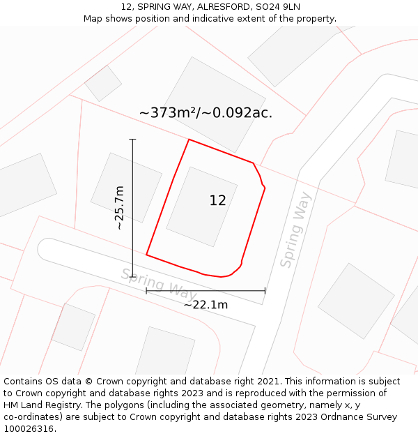 12, SPRING WAY, ALRESFORD, SO24 9LN: Plot and title map