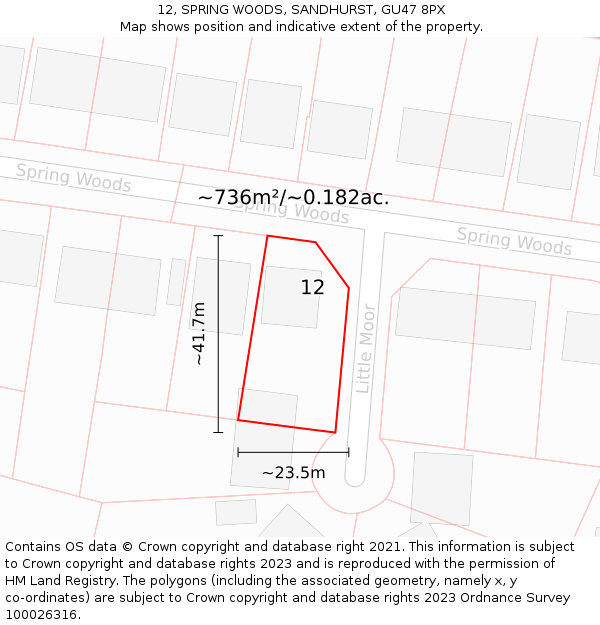 12, SPRING WOODS, SANDHURST, GU47 8PX: Plot and title map