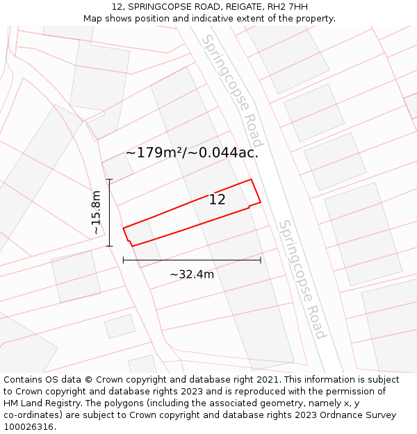 12, SPRINGCOPSE ROAD, REIGATE, RH2 7HH: Plot and title map