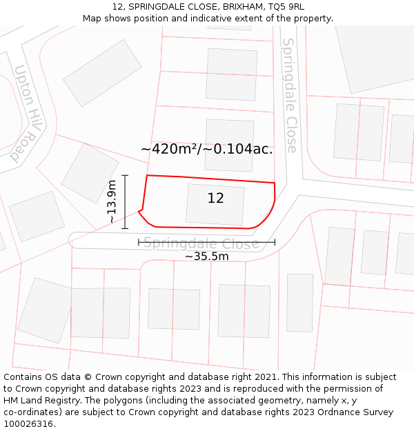12, SPRINGDALE CLOSE, BRIXHAM, TQ5 9RL: Plot and title map