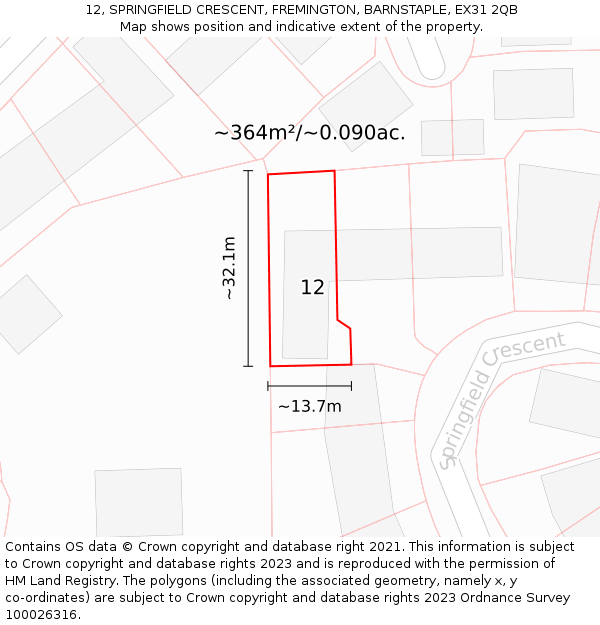 12, SPRINGFIELD CRESCENT, FREMINGTON, BARNSTAPLE, EX31 2QB: Plot and title map