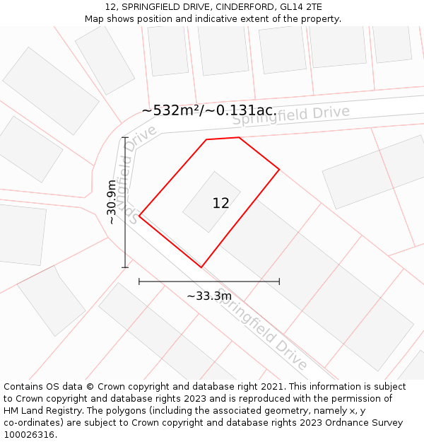 12, SPRINGFIELD DRIVE, CINDERFORD, GL14 2TE: Plot and title map