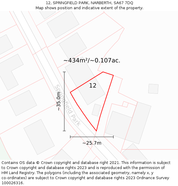 12, SPRINGFIELD PARK, NARBERTH, SA67 7DQ: Plot and title map