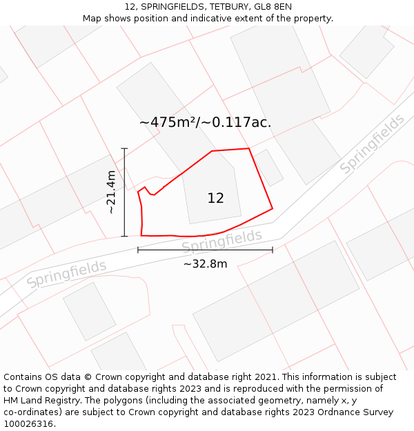 12, SPRINGFIELDS, TETBURY, GL8 8EN: Plot and title map