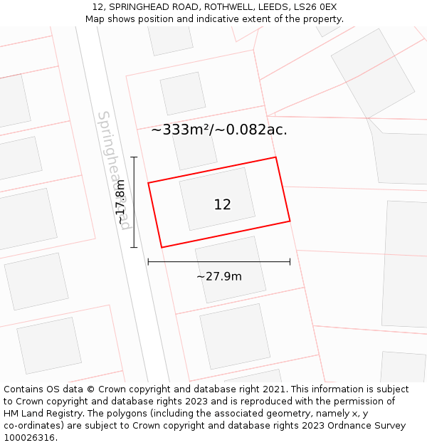 12, SPRINGHEAD ROAD, ROTHWELL, LEEDS, LS26 0EX: Plot and title map