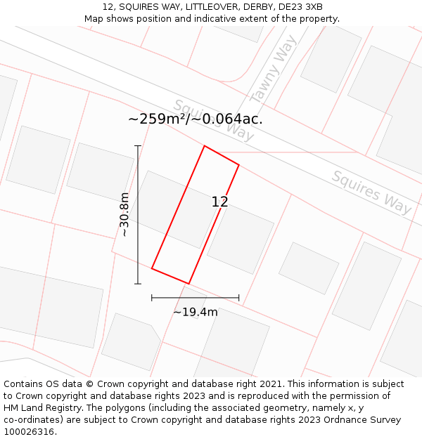 12, SQUIRES WAY, LITTLEOVER, DERBY, DE23 3XB: Plot and title map