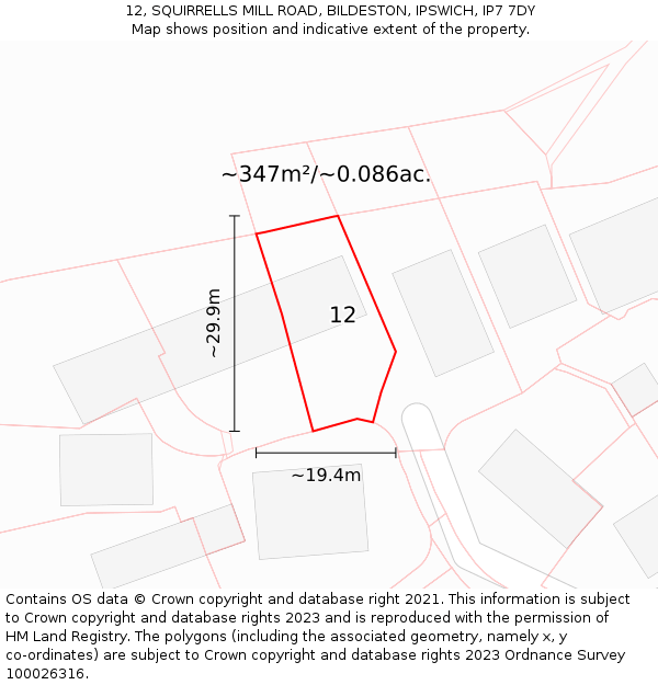 12, SQUIRRELLS MILL ROAD, BILDESTON, IPSWICH, IP7 7DY: Plot and title map