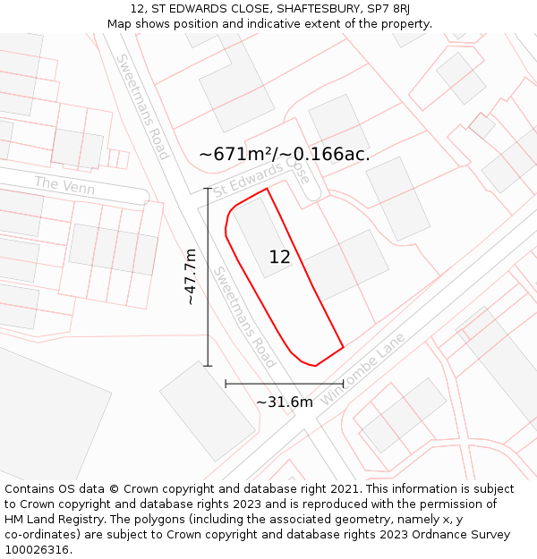 12, ST EDWARDS CLOSE, SHAFTESBURY, SP7 8RJ: Plot and title map