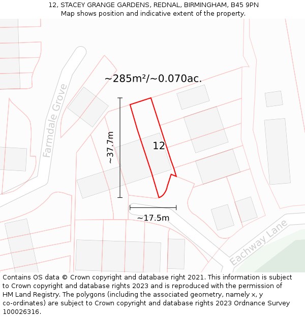 12, STACEY GRANGE GARDENS, REDNAL, BIRMINGHAM, B45 9PN: Plot and title map