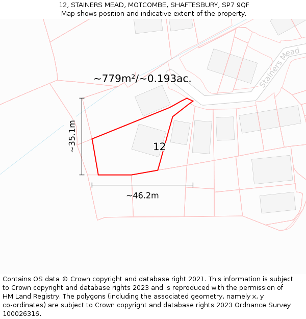 12, STAINERS MEAD, MOTCOMBE, SHAFTESBURY, SP7 9QF: Plot and title map