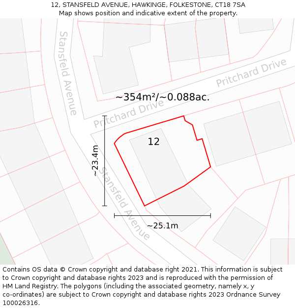 12, STANSFELD AVENUE, HAWKINGE, FOLKESTONE, CT18 7SA: Plot and title map