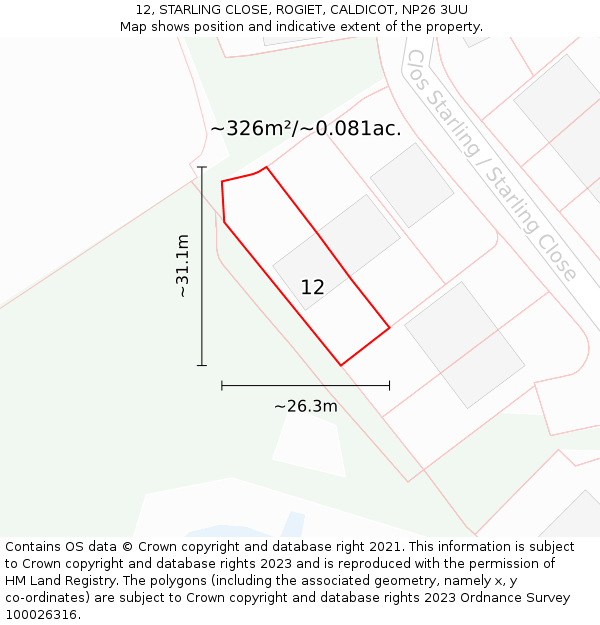12, STARLING CLOSE, ROGIET, CALDICOT, NP26 3UU: Plot and title map
