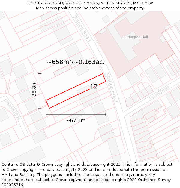 12, STATION ROAD, WOBURN SANDS, MILTON KEYNES, MK17 8RW: Plot and title map