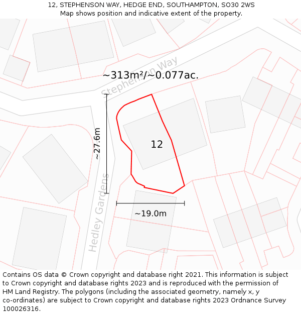 12, STEPHENSON WAY, HEDGE END, SOUTHAMPTON, SO30 2WS: Plot and title map