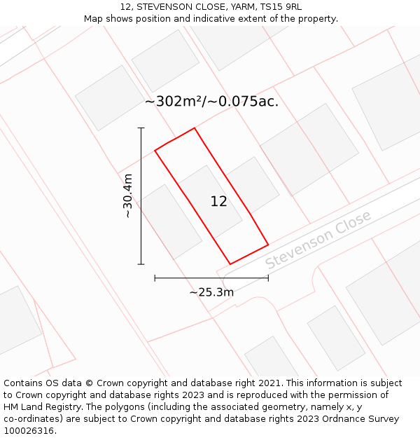 12, STEVENSON CLOSE, YARM, TS15 9RL: Plot and title map