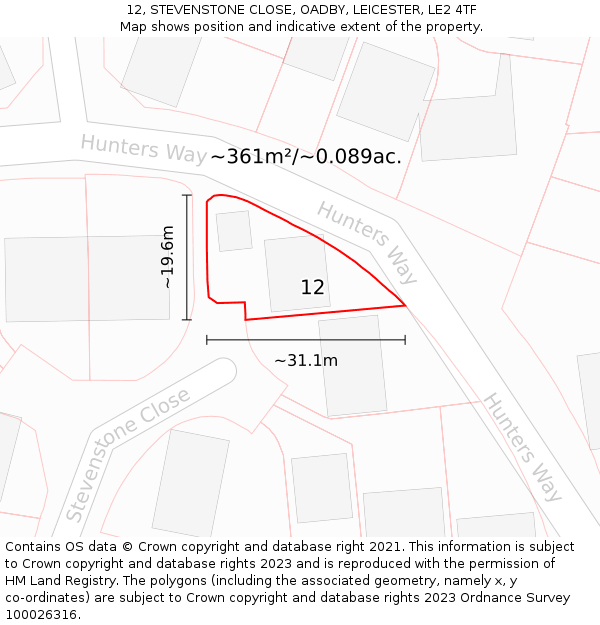 12, STEVENSTONE CLOSE, OADBY, LEICESTER, LE2 4TF: Plot and title map