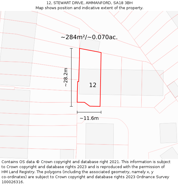 12, STEWART DRIVE, AMMANFORD, SA18 3BH: Plot and title map