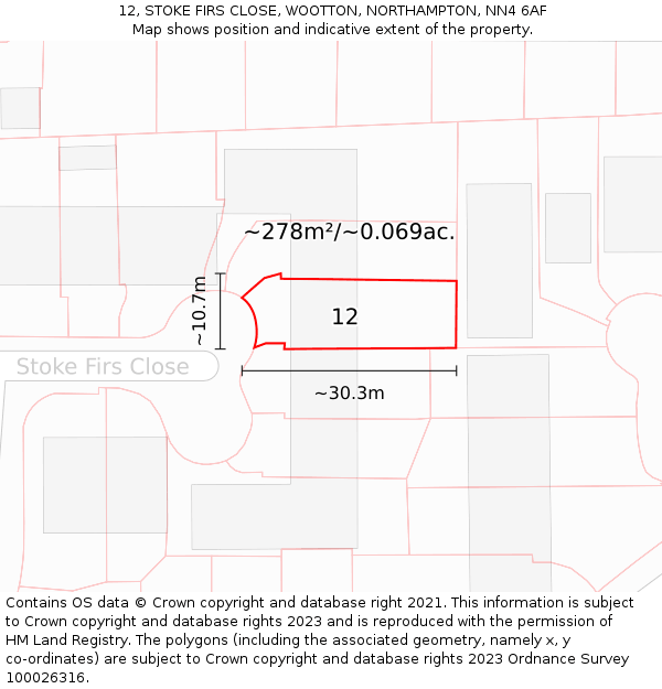 12, STOKE FIRS CLOSE, WOOTTON, NORTHAMPTON, NN4 6AF: Plot and title map