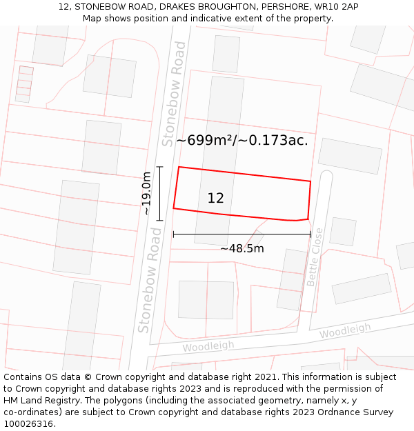 12, STONEBOW ROAD, DRAKES BROUGHTON, PERSHORE, WR10 2AP: Plot and title map
