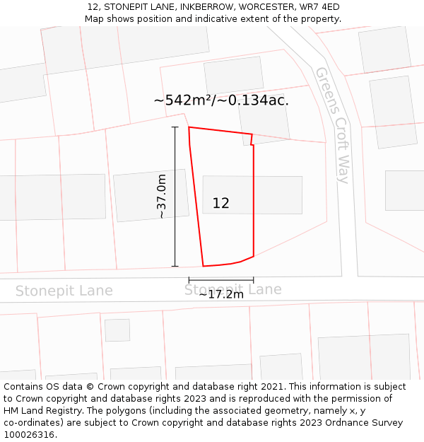12, STONEPIT LANE, INKBERROW, WORCESTER, WR7 4ED: Plot and title map