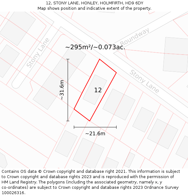 12, STONY LANE, HONLEY, HOLMFIRTH, HD9 6DY: Plot and title map