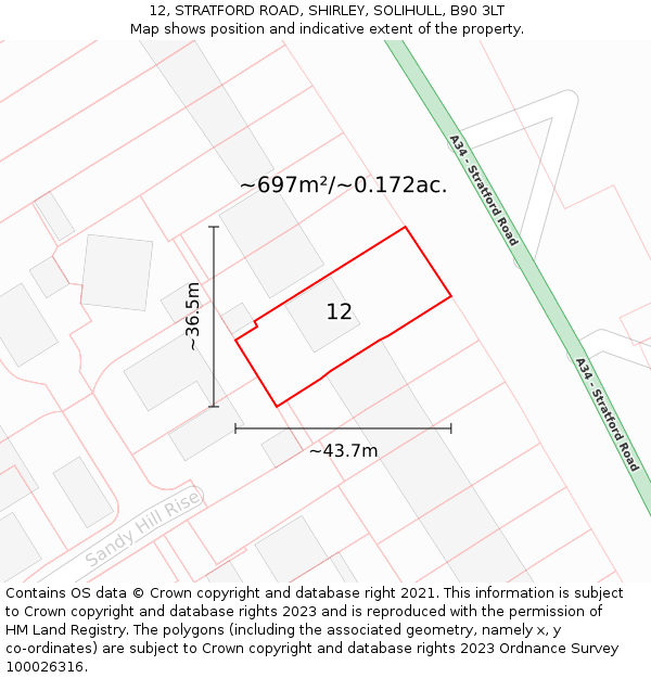 12, STRATFORD ROAD, SHIRLEY, SOLIHULL, B90 3LT: Plot and title map
