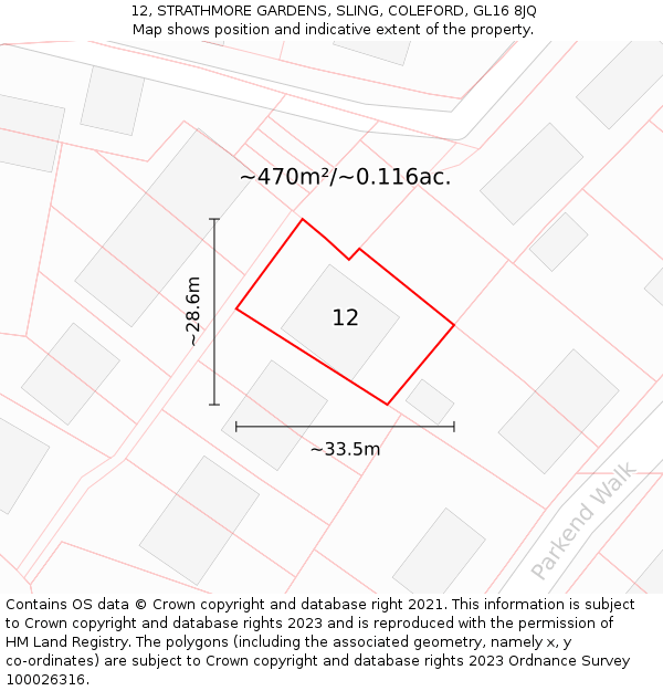 12, STRATHMORE GARDENS, SLING, COLEFORD, GL16 8JQ: Plot and title map