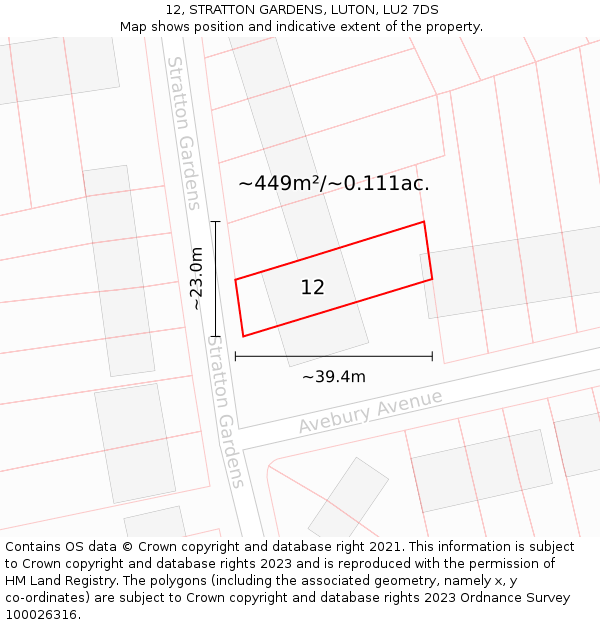 12, STRATTON GARDENS, LUTON, LU2 7DS: Plot and title map