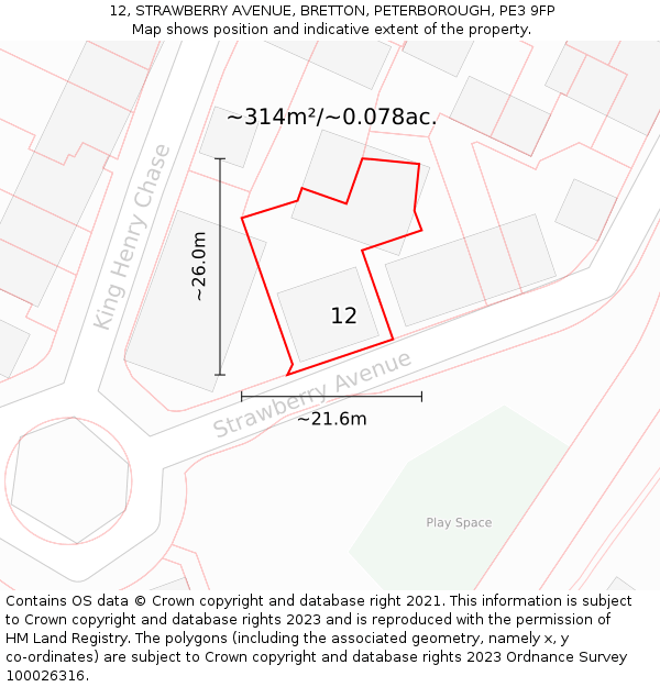 12, STRAWBERRY AVENUE, BRETTON, PETERBOROUGH, PE3 9FP: Plot and title map