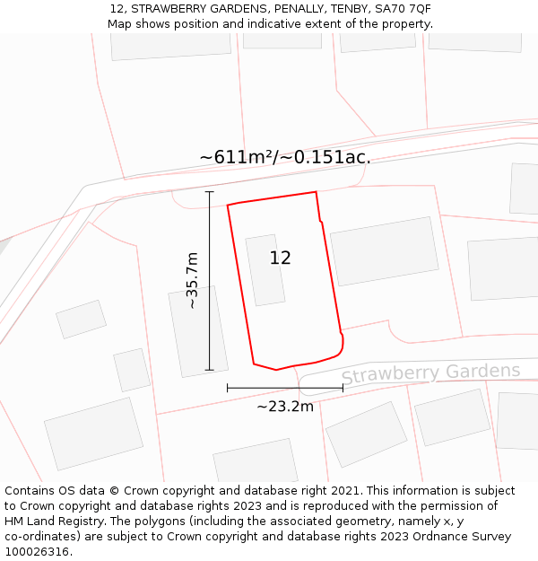 12, STRAWBERRY GARDENS, PENALLY, TENBY, SA70 7QF: Plot and title map