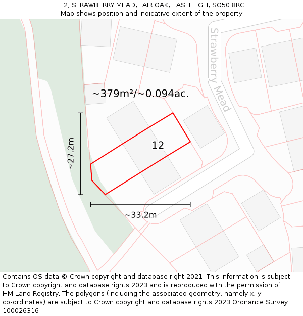 12, STRAWBERRY MEAD, FAIR OAK, EASTLEIGH, SO50 8RG: Plot and title map
