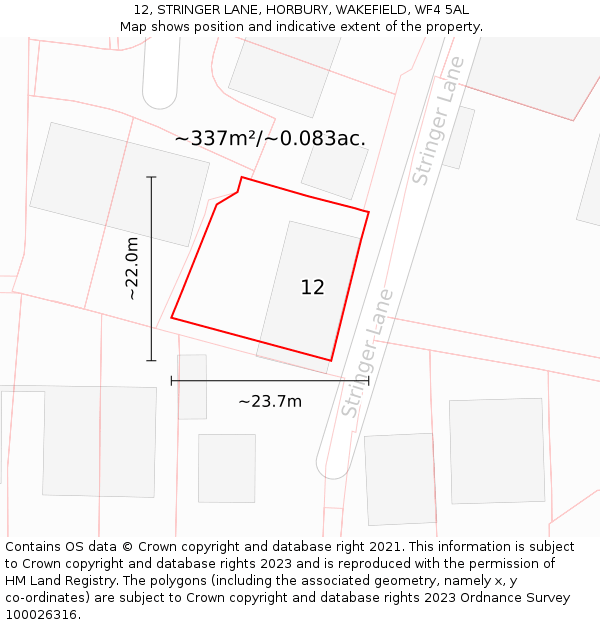 12, STRINGER LANE, HORBURY, WAKEFIELD, WF4 5AL: Plot and title map