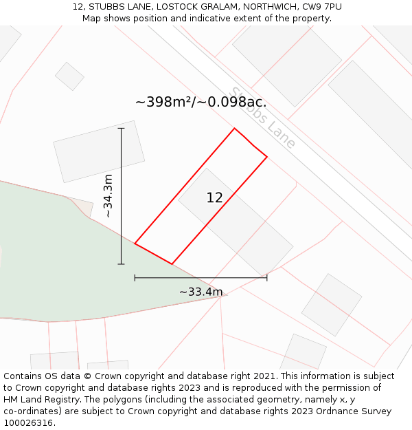 12, STUBBS LANE, LOSTOCK GRALAM, NORTHWICH, CW9 7PU: Plot and title map