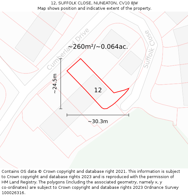 12, SUFFOLK CLOSE, NUNEATON, CV10 8JW: Plot and title map