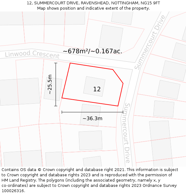 12, SUMMERCOURT DRIVE, RAVENSHEAD, NOTTINGHAM, NG15 9FT: Plot and title map