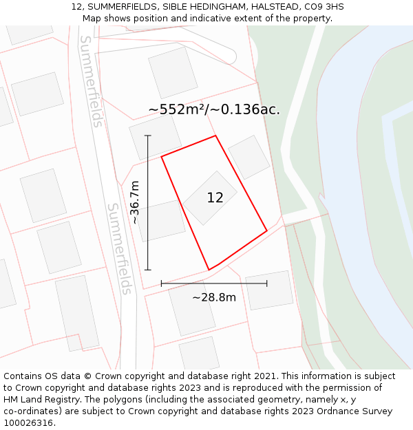 12, SUMMERFIELDS, SIBLE HEDINGHAM, HALSTEAD, CO9 3HS: Plot and title map