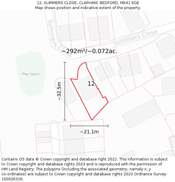 12, SUMMERS CLOSE, CLAPHAM, BEDFORD, MK41 6GE: Plot and title map