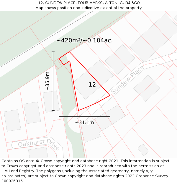 12, SUNDEW PLACE, FOUR MARKS, ALTON, GU34 5GQ: Plot and title map