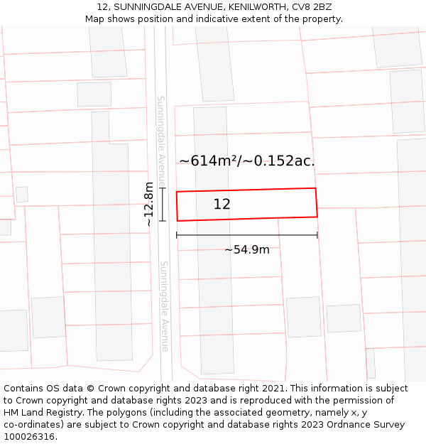 12, SUNNINGDALE AVENUE, KENILWORTH, CV8 2BZ: Plot and title map