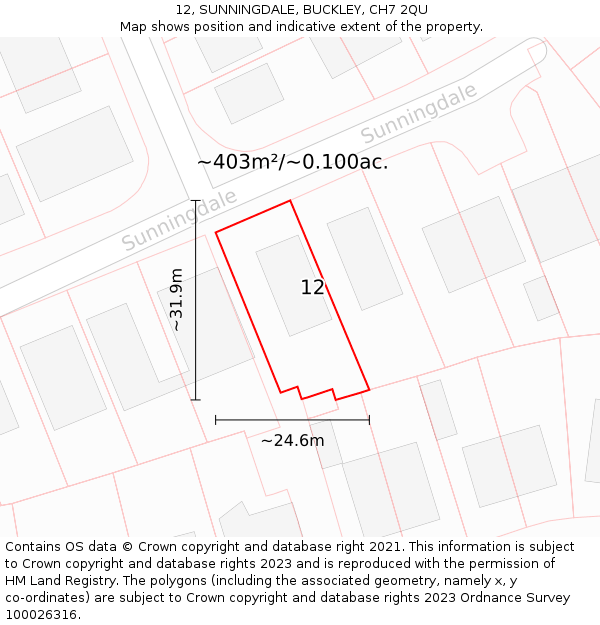 12, SUNNINGDALE, BUCKLEY, CH7 2QU: Plot and title map