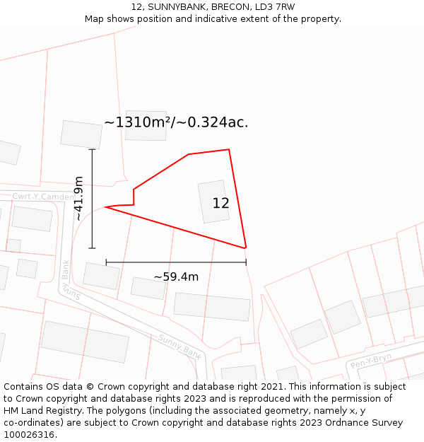 12, SUNNYBANK, BRECON, LD3 7RW: Plot and title map