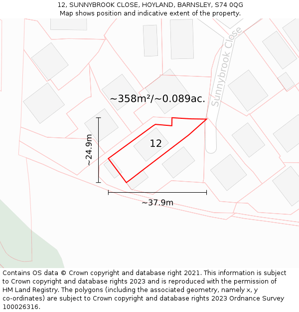 12, SUNNYBROOK CLOSE, HOYLAND, BARNSLEY, S74 0QG: Plot and title map