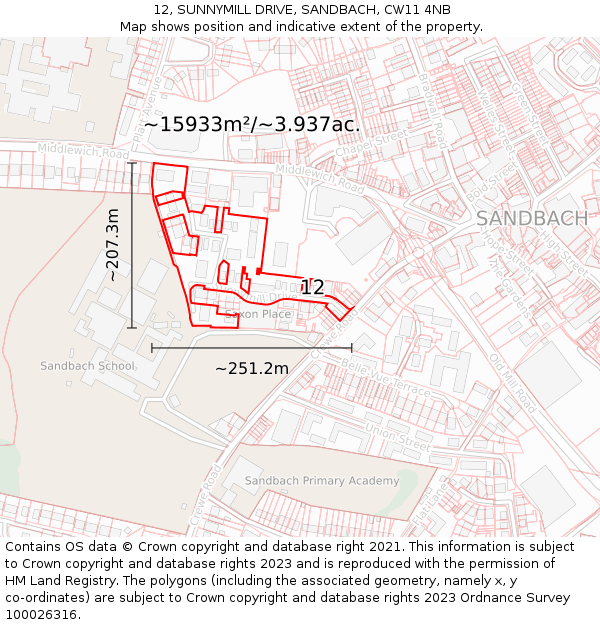 12, SUNNYMILL DRIVE, SANDBACH, CW11 4NB: Plot and title map