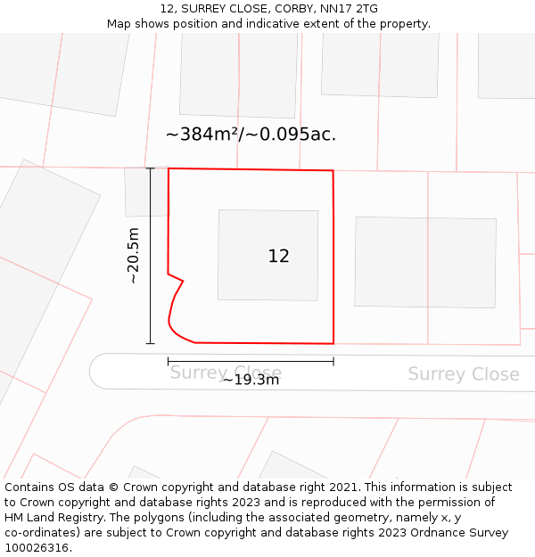 12, SURREY CLOSE, CORBY, NN17 2TG: Plot and title map