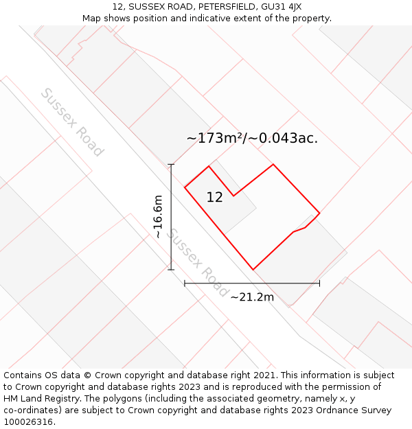 12, SUSSEX ROAD, PETERSFIELD, GU31 4JX: Plot and title map